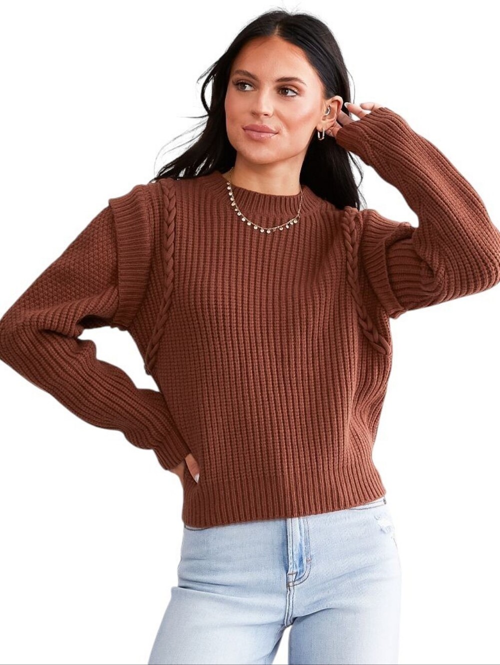 Willow + Root Womens Rust Cable Detail Waffle Knit Flatter Shoulder Sweater  L